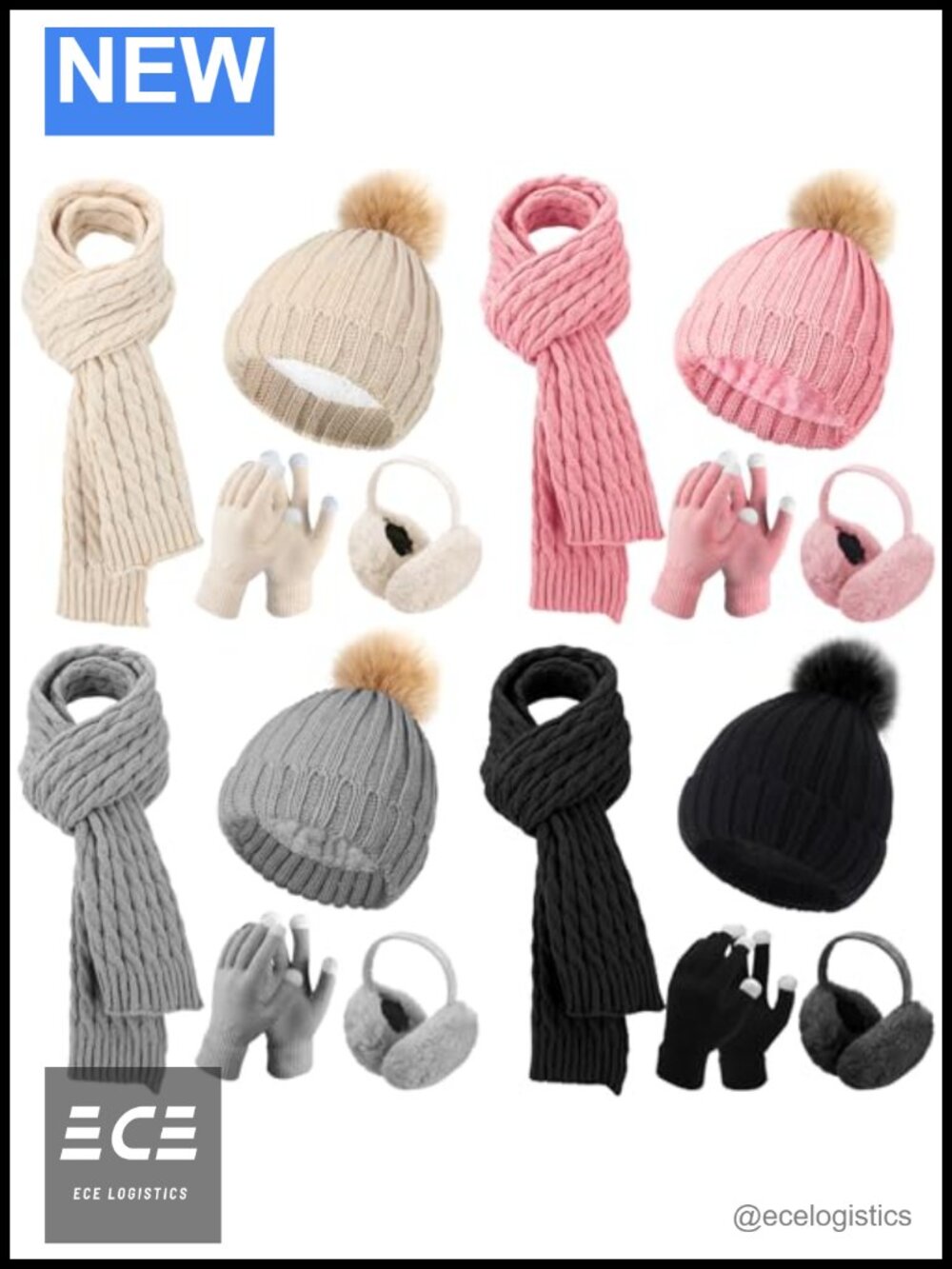 16 Pc Winter Set Knitted Beanie Hat Scarf Gloves Ear Muffs Acrylic Touch Screen